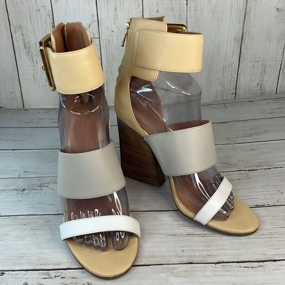 Sigerson Morrison Multi Neutral Colors Poker 2 Strap Heeled Sandals - Picture 13 of 14